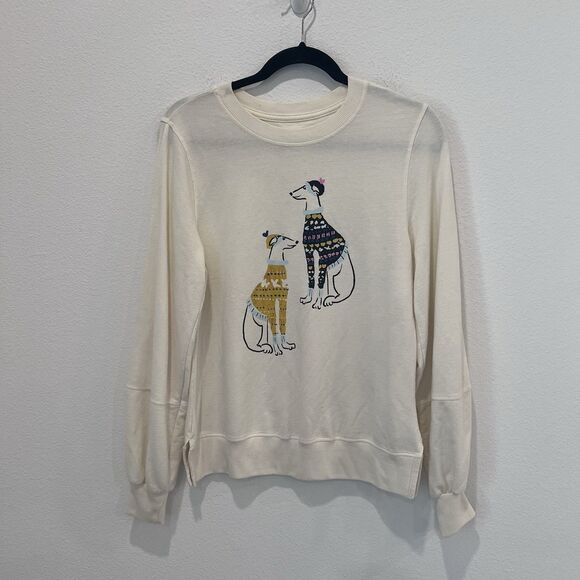 Anthropologie Maeve Ski Pups Graphic Sweatshirt Top Dogs Holiday Ivory Small - Picture 2 of 8
